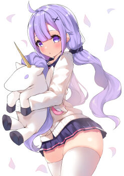 1girl ahoge arched_back azur_lane black_sailor_collar black_skirt cardigan center-flap_bangs commentary_request double-parted_bangs falling_petals hair_ornament hair_scrunchie highres holding holding_stuffed_toy hugging_doll hugging_object long_hair long_sleeves low_twintails miniskirt official_alternate_costume official_alternate_hairstyle petals pleated_skirt purple_eyes purple_hair ryoutsu sailor_collar school_uniform scrunchie skindentation skirt sleeves_past_fingers sleeves_past_wrists solo stuffed_animal stuffed_toy stuffed_winged_unicorn thick_thighs thighhighs thighs twintails unicorn_(azur_lane) unicorn_(long-awaited_date)_(azur_lane) white_cardigan white_thighhighs wide_hips x_hair_ornament zettai_ryouiki