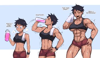 Rule 34 | 1girl, abs, black tank top, blue eyes, bottle, breasts, cleavage, closed eyes, drinking, english text, highres, holding, holding bottle, large breasts, morp, multiple views, muscle growth, muscular, muscular female, navel, original, red shorts, shorts, sweat, tank top, tomboy, torn clothes, towel, transformation, underboob, wardrobe malfunction, wristband