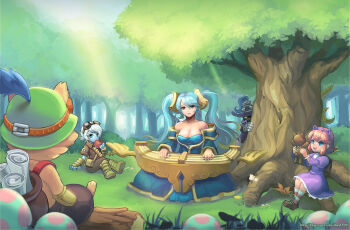 2boys 4girls annie_(league_of_legends) apple aqua_hair arm_support bare_shoulders bear blue_hair blue_skin blush breasts child cleavage colored_skin concert dakun dress eating fantasy food forest fruit grass green_theme hairband hat highres horns instrument large_breasts league_of_legends light log long_hair looking_at_viewer multiple_boys multiple_girls mushroom music nature open_mouth orange_hair pink_hair short_hair single_horn sitting smile socks sona_(league_of_legends) soraka_(league_of_legends) striped_clothes striped_legwear striped_socks stuffed_animal stuffed_toy sun teddy_bear teemo tibbers tree tristana_(league_of_legends) twintails veigar white_hair yordle