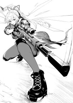 1girl absurdres ambriel_(arknights) arknights commentary_request commission full_body greyscale gun hair_ribbon halo highres holding holding_gun holding_weapon jacket knee_pads long_hair monochrome mouth_hold open_clothes open_jacket pantyhose pantyhose_under_shorts pixiv_commission ponytail ribbon rifle scope shirt shoes short_shorts shorts simple_background sniper_rifle solo squatting utsuke very_long_hair weapon weapon_request white_background