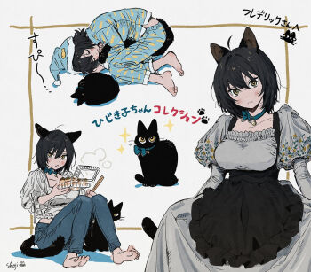 1girl :< ahoge animal_ears animal_print animalization barefoot bell black_cat black_hair black_skirt blue_bow blue_bowtie blue_hat blue_pajamas blue_pants blue_ribbon blue_shirt blush border bow bowtie box breasts brown_border cat cat_ears cat_girl cat_tail check_clothing chopsticks closed_eyes closed_mouth clothing_request collarbone commentary_request commission curled_up denim fish_print food food_delivery_box food_request frilled_shirt frilled_skirt frills frown fusuma_(nohbrk) grey_background grey_shirt grey_skirt hair_between_eyes hat head_tilt hijiki_(deriku4) holding holding_box holding_chopsticks jeans juliet_sleeves large_breasts layered_skirt long_skirt long_sleeves looking_at_viewer messy_hair multiple_views neck_bell neck_ribbon nightcap original pajamas pants paw_print person_and_animalization puffy_sleeves ribbon second-party_source shirt short_hair simple_background skeb_commission skirt sleeping sleeves_rolled_up sparkle split_mouth steam swept_bangs tail translation_request v-shaped_eyebrows yellow_eyes