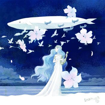 1girl aircraft airship bird blue_eyes blue_hair blue_sky cloud dress falling_flower flower flying flying_whale gold_headband headband hibiscus holding holding_harp holding_instrument horizon instrument long_dress long_hair looking_up madora music muu_no_hakugei ocean open_mouth playing_instrument sakai_yume signature sky standing train_(clothing) very_long_hair wavy_hair whale white_flower