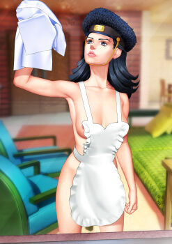 1girl absurdres apron areola_slip armpits birthmark black_hair black_hat blue_eyes blurry blurry_background breasts chair collarbone commentary couch depth_of_field english_commentary fur_hat hat highres indoors joestar_birthmark jojo_no_kimyou_na_bouken jojolion legendarysoulii lips long_hair looking_up medium_breasts naked_apron nijimura_kei nude parted_lips peaked_cap solo standing table white_apron window