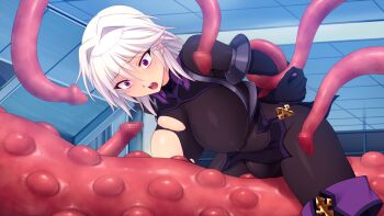 1girl arisia_hellioxenes arms_behind_back black_bodysuit blush bodysuit boots bound breasts censored covered_erect_nipples covered_navel game_cg hair_between_eyes hair_intakes imminent_rape indoors kourin_tenshi_en_ciel_rena large_breasts large_variant_set monster mosaic_censoring non-web_source official_art open_mouth purple_eyes restrained saitou_natsuki short_hair skin_tight slime_(substance) solo suhamaya tentacles thigh_boots thighhighs torn_bodysuit torn_clothes variant_set white_hair wide-eyed