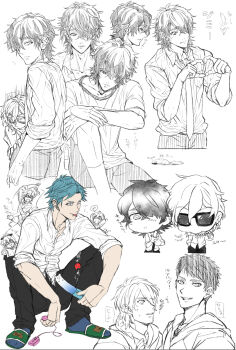 5boys anal_beads ball_gag blush collared_shirt dildo fujisaki_tooru_(yarichin_bitch-bu) gag grin highres holding holding_sex_toy hood hoodie implied_yaoi kashima_yuu_(yarichin_bitch-bu) male_focus messy_hair multiple_boys necktie neeeeyo saliva sandals sex_toy shirt shorts sitting sketch slides smile socks squatting sunglasses sweat t-shirt toono_takashi vibrator white_shirt yarichin_bitch-bu yuri_ayato