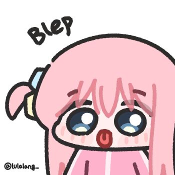 1girl blue_eyes blush bocchi_the_rock! chibi chibi_only gotoh_hitori highres jacket long_hair looking_at_viewer lulalang one_side_up pink_hair pink_jacket simple_background solo tongue tongue_out twitter_username upper_body white_background