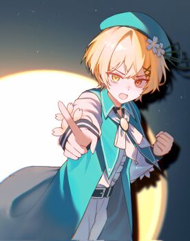Rule 34 | 1boy, alternate costume, ascot, belt, beret, blonde hair, buhuaixiaoguai, cosplay, cowboy shot, flower, hair flower, hair ornament, hairpin, hat, highres, limbus company, looking at viewer, mahou shoujo no majo saiban, open mouth, pointing, pointing at viewer, project moon, sakuraba ema, sakuraba ema (cosplay), sinclair (project moon), solo, white ascot, white flower, yellow eyes