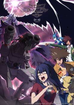 Rule 34 | absurdres, agumon, alphamon, black hair, cape, digimon, digimon (creature), digimon adventure tri., dragon, epic, glasses, highres, keyliom, mochizuki meiko, motomiya daisuke, mugendramon, open mouth, ordinemon, original, sharp teeth, teeth, v-mon, wings, yagami taichi