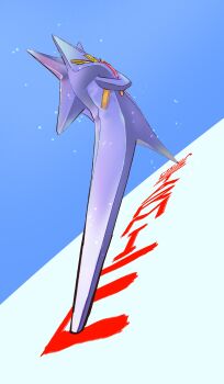 Rule 34 | absurdres, blue background, character name, crossed arms, gem, gen 1 pokemon, highres, hyde (tabakko), long legs, mega pokemon, mega starmie, meme, nintendo, no humans, pokemon, pokemon (creature), red gemstone, simple background, starmie