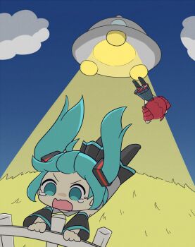 2girls abduction ahoge aqua_eyes aqua_hair black_skirt black_sleeves blue_shirt blue_skirt cloud commentary crying crying_with_eyes_open deformed detached_sleeves drill_hair fence floating flying_saucer grey_shirt hatsune_miku highres kasane_teto kasane_teto_(utau) levitation long_hair midair multiple_girls night nukotun open_mouth outdoors red_hair shirt short_hair skirt sky sleeveless sleeveless_shirt spacecraft tears tractor_beam twin_drills twintails ufo utau v-shaped_eyebrows vocaloid wavy_mouth