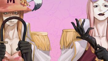 Rule 34 | 2girls, adjusting clothes, adjusting gloves, black gloves, blonde hair, blue eyes, breasts, brown eyes, cigarette, cleavage, coat, coat on shoulders, denisefanta, epaulettes, eyes in shadow, flower, gloves, goggles, goggles on head, hat, hat flower, highres, hina (one piece), holding, holding whip, kujaku (one piece), large breasts, long hair, long sleeves, looking at viewer, multiple girls, one piece, orange headwear, parted lips, pink hair, portrait, red lips, smile