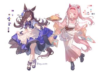 2girls ;d absurdres alternate_costume animal_ears apron black_boots black_sash black_skirt blue_flower blue_rose blue_shirt blue_skirt blush boots bow brown_hair cherry_blossoms color_guide commentary_request creamer_(vessel) ear_covers enmaided flipped_hair floral_print floral_print_kimono flower food full_body hair_over_one_eye haru_urara_(umamusume) headband headdress highres holding holding_tray horse_ears horse_girl horse_tail japanese_clothes kimono lace-up_boots long_hair long_sleeves looking_at_viewer maid maid_headdress multiple_girls obi omelet omurice one_eye_closed open_mouth pink_eyes pink_flower pink_hair pink_kimono ponytail print_kimono puffy_short_sleeves puffy_sleeves purple_eyes red_headband rice_shower_(umamusume) rose sash shirt short_sleeves simple_background skirt smile synzmayu tail tray twitter_username umamusume wa_maid waist_apron white_apron white_background wide_sleeves wrist_cuffs