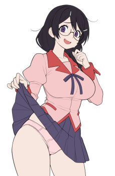 1girl arm_up black_hair braid braided_ponytail breasts clothes_lift collar collarbone commentary cowboy_shot double-parted_bangs english_commentary floating_hair glasses hair_ornament hairpin hanekawa_tsubasa highres large_breasts long_hair long_sleeves looking_at_viewer loose_hair_strand monogatari_(series) moursho naoetsu_high_school_uniform neck_ribbon open_mouth panties pink_panties pink_shirt pleated_skirt presenting purple_eyes purple_ribbon purple_skirt raised_inner_eyebrows red_collar red_trim ribbon school_uniform shirt simple_background skirt skirt_lift smile solo sweatdrop underwear white_background