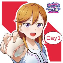 Rule 34 | 1girl, 2024, ball, barkhorn0331, baseball, baseball jersey, blue shirt, collarbone, commentary request, copyright name, english text, hair between eyes, highres, holding, holding ball, jersey, looking at viewer, love live!, love live! superstar!!, medium hair, open mouth, orange hair, outline, portrait, purple eyes, shibuya kanon, shirt, solo, speech bubble, teeth, upper body, upper teeth only, white outline