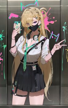1girl absurdres aqua_necktie black_nails black_skirt blonde_hair braid braided_bangs breasts cellphone cleavage collarbone commentary earrings eyes_visible_through_hair fingernails hair_between_eyes hair_ornament hanapoko headphones headphones_around_neck highres holding holding_phone id_card jewelry long_hair looking_at_viewer lynae_(wuthering_waves) mask medium_breasts mole mole_on_breast mouth_mask nail_polish necklace necktie phone purple_eyes reflection reflection_focus shirt shirt_tucked_in skirt skull_hair_ornament smartphone solo star_(symbol) star_earrings very_long_hair white_shirt wuthering_waves