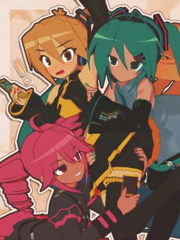 ! 3girls absurdres ahoge akita_neru alternate_skin_color antenna_hair aqua_eyes aqua_hair aqua_necktie arm_tattoo armpits black_jacket black_shirt black_sleeves blonde_hair blush cellphone collared_shirt commentary detached_sleeves drill_hair english_commentary flip_phone grey_shirt hair_between_eyes hatsune_miku highres holding holding_phone jacket kasane_teto kasane_teto_(voicepeak) kio_(majin_kz) long_sleeves multiple_girls necktie number_tattoo phone red_eyes red_hair shirt sleeveless sleeveless_shirt tan tattoo triple_baka_(vocaloid) twin_drills twintails utau vocaloid voicepeak yellow_eyes yellow_necktie