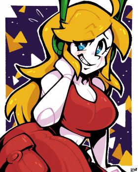 1girl blonde_hair blue_eyes curly_brace doukutsu_monogatari highres legendofnerd long_hair looking_at_viewer pants red_pants red_tank_top smile tank_top