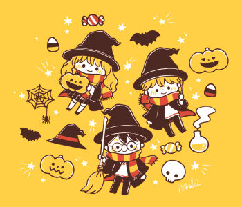 1girl 2boys beaker black_hair blush broom candy candy_corn chara_chara_makiato chibi cloak food glasses halloween harry_potter harry_potter_(series) hat hermione_granger holding holding_broom holding_food holding_pumpkin holding_vegetable holding_wand jack-o'-lantern long_hair multiple_boys orange_hair pleated_skirt potion pumpkin ron_weasley scar scar_on_face scar_on_forehead scarf short_hair silk skirt skull smile spider_web striped_clothes striped_scarf sweater vegetable wand witch_hat wizarding_world wrapped_candy