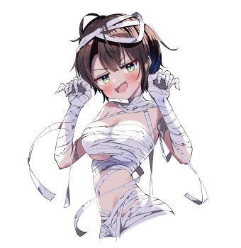 1girl absurdres alternate_costume aqua_eyes bandage_on_hair bandaged_arm bandaged_chest bandaged_hand bandaged_head bandaged_neck bandaged_torso bandages bare_shoulders blush breasts brown_hair claw_pose cleavage commentary_request cowboy_shot fang ghost_pose green_eyes halloween_costume hands_up highres hololive jitome kuno_(kc9s) looking_at_viewer medium_breasts mummy_costume naked_bandage navel oozora_subaru open_mouth short_hair simple_background skin_fang smile solo underboob virtual_youtuber white_background