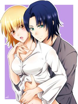 1boy 1girl athrun_zala blonde_hair blue_hair blush border brown_eyes cagalli_yula_athha cara0w0mel collared_shirt commentary_request couple dress_shirt embarrassed green_eyes grey_shirt groping gundam gundam_seed hetero highres navel open_mouth outline outside_border purple_background shirt short_hair smile smug upper_body white_border white_outline white_shirt