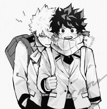 2boys backpack bag bakugou_katsuki blush boku_no_hero_academia commentary cowboy_shot freckles greyscale highres jacket lapels long_sleeves looking_at_viewer looking_to_the_side male_focus monochrome multiple_boys open_mouth round_teeth scarf school_uniform short_hair sideways_glance simple_background smile snowflooks spiked_hair symbol-only_commentary teeth u.a._school_uniform upper_teeth_only white_background