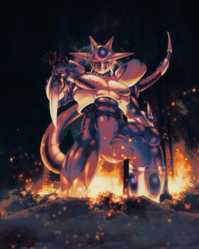 Rule 34 | 1boy, abs, armor, breastplate, broken ground, burning, colored skin, commentary request, cooler (dragon ball), cooler (fifth form) (dragon ball), dark, dragon ball, dragonball z, embers, fire, forest, from below, highres, horns, looking at viewer, mask, mouth mask, muscular, muscular male, nature, night, no pupils, outdoors, purple skin, red eyes, ryuunosuke (ryunosuke 625), shoulder armor, solo, spiked armor, spikes, tail, tree, vambraces