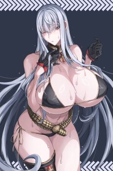 10den 1girl annoyed bikini black_bikini black_gloves blue_background breasts covered_erect_nipples cowboy_shot cropped_legs detached_collar female_focus gloves grey_hair half_gloves highres huge_breasts leaning_forward long_hair navel open_mouth red_eyes selvaria_bles senjou_no_valkyria_(series) side-tie_swimsuit sidelocks simple_background solo sweat swimsuit thick_thighs thighs very_long_hair