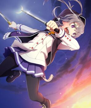 1girl :d ahoge attack black_hood black_jacket black_pantyhose black_shoes blazer blue_skirt buttons cloud crescent_moon dot_nose fang game_cg glint gradient_sky grey_hair hair_ornament hair_through_hood holding holding_sword holding_weapon hood hooded_jacket jacket long_sleeves midair moon official_art open_mouth outdoors pantyhose pink_sky purple_eyes purple_sky renpu_girls_school_uniform school_uniform shichinosato_kofuki shirt shoes short_sword skirt skull_hair_ornament sky smile solo sword teeth third-party_source toji_no_miko toji_no_miko:_kizamishi_issen_no_tomoshibi twilight twintails upper_teeth_only weapon white_jacket white_shirt yellow_sky