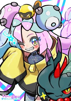 absurdres bow-shaped_hair character_hair_ornament commission fake_hair_bun flutter_mane grey_pantyhose hair_ornament hexagon_print highres iono_(pokemon) jacket kingin multicolored_hair nintendo oversized_clothes pantyhose pixiv_commission pokemon pokemon_sv sharp_teeth single_leg_pantyhose sleeves_past_fingers sleeves_past_wrists split-color_hair tadbulb teeth two-tone_hair x_(symbol) yellow_jacket