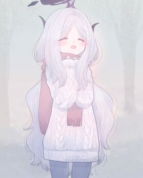 1girl aran_sweater black_halo black_horns black_pants blue_archive blush cable_knit clenched_hands closed_eyes cowboy_shot demon_girl demon_horns enpera facing_ahead fog grey_hair halo hands_on_own_chest happy highres hina_(blue_archive) horns long_hair long_sleeves loose_hair_strand multiple_horns open_mouth outdoors pale_color pants parted_bangs red_scarf ribbed_sweater scarf sleeves_past_wrists solo standing sweater takahisayuki tree very_long_hair white_sweater