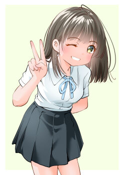 Rule 34 | 1girl, arm behind back, black skirt, border, breasts, brown hair, collar, collared shirt, dot nose, green background, grin, leaning forward, looking at viewer, medium breasts, one eye closed, original, outside border, pleated skirt, school uniform, shirt, short hair, simple background, skirt, smile, solo, v, white border, white collar, white shirt, yamanaka kouji (yanchiki2001), yellow eyes