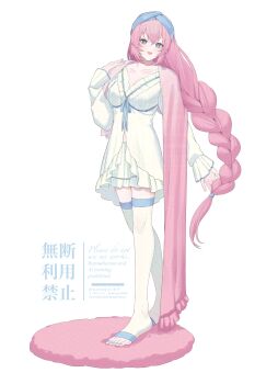 Rule 34 | 1girl, :d, blue eyes, blue nails, blush, braid, breasts, carpet, collarbone, commentary request, fingernails, hair between eyes, hand on own shoulder, highres, light blush, long fingernails, long hair, long sleeves, looking at viewer, medium breasts, mege (megechan), megurine luka, open mouth, pink carpet, pink hair, simple background, single braid, sleeves past wrists, smile, solo, toes, tongue, very long hair, vocaloid, white background