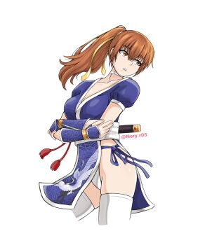 1girl breasts brown_eyes brown_hair dead_or_alive highres kasumi_(doa) large_breasts long_hair neryr05 ninja panties pelvic_curtain ponytail short_sleeves sword thighhighs underwear weapon white_background
