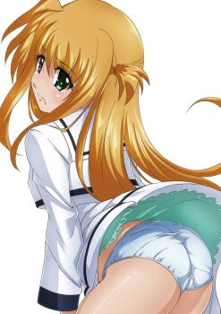 Rule 34 | 1girl, arisa bunnings, ass, blonde hair, blush, female focus, green eyes, highres, looking back, lyrical nanoha, mahou shoujo lyrical nanoha, panties, pantyshot, simple background, skirt, solo, tappa (esperanza), underwear, upskirt, white background, white panties