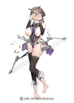1girl arrow_(projectile) barefoot battle_damage bow_(weapon) braid breasts breasts_out brown_hair commentary_request compound_bow copyright_notice covering_own_eyes detached_sleeves feathers full_body fuu_fuu head_wings highres huge_breasts kuzumi_reina looking_at_viewer nipples official_art peeking_through_fingers pussy_juice quiver second-party_source taimanin_(series) taimanin_rpgx wavy_mouth weapon white_background wings