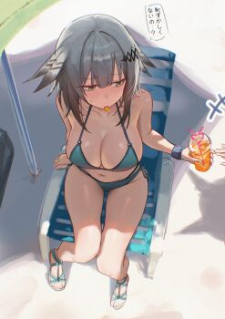 1girl 1other absurdres alternate_costume aqua_bikini arknights beach_chair bikini bird_girl commentary crazy_straw cup drinking_straw feather_hair feathers from_above green_eyes grey_hair greythroat_(arknights) hair_ornament highres holding holding_cup mouth_hold navel outdoors short_hair solo_focus speech_bubble stomach swimsuit translation_request uof