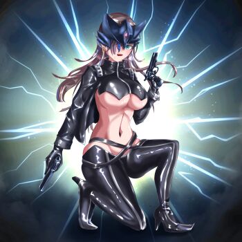 1girl absurdres ankle_gun beelstarmon beelstarmon_(cosplay) belt black_belt black_boots black_coat black_gloves black_pants black_vest blue_eyes blue_hair blue_mask boots braid breasts brown_hair coat commentary_request cosplay cropped_vest crossover digimon duel_monster earrings full_body gloves groin gun hair_between_eyes hair_over_one_eye high_heel_boots high_heels highres holding holding_gun holding_weapon jewelry la_papesse large_breasts leather leather_pants long_hair looking_at_viewer mask multicolored_hair multiple-barrel_gun navel on_one_knee open_clothes open_coat open_mouth pants partial_commentary sidelocks solo stomach streaked_hair sweat teeth tight_clothes tight_pants underboob upper_teeth_only vest weapon witchcrafter_haine yu-gi-oh!