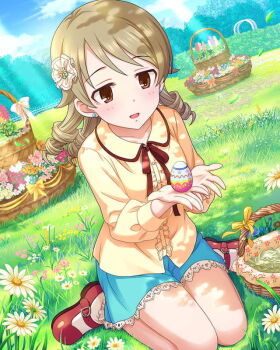 1girl basket brown_eyes brown_hair bush card_(medium) center_frills cloud earrings easter_egg egg flower frills game_asset grass hair_ornament holding idolmaster idolmaster_cinderella_girls jewelry leaf morikubo_nono neck_ribbon official_art open_mouth ribbon ringlets sitting skirt solo sunlight
