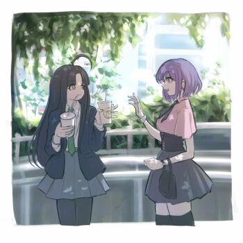 Rule 34 | 2girls, ahoge, awa subaru, bang dream!, bang dream! it's mygo!!!!!, black corset, black hair, black pantyhose, border, commentary, corset, crossover, cup, disposable cup, girls band cry, green necktie, grey skirt, highres, holding, holding cup, instrument connection, jirai kei, long hair, long sleeves, multiple girls, necktie, open mouth, pantyhose, parted bangs, pink eyes, pink shirt, pleated skirt, purple eyes, purple hair, shirt, short hair, short sleeves, skirt, thighhighs, tomare (akashingou), white border, white shirt, yuutenji nyamu, zettai ryouiki