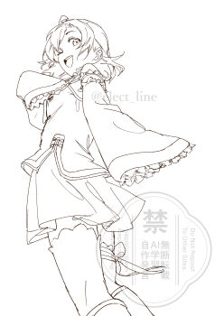 Rule 34 | 1girl, ;d, absurdres, bare shoulders, commentary request, detached sleeves, feet out of frame, frilled sleeves, frills, from side, greyscale, highres, inazuma (elect line), kosaka honoka, lineart, long sleeves, looking at viewer, love live!, love live! school idol festival, love live! school idol project, medium hair, miniskirt, monochrome, one eye closed, one side up, open mouth, pleated skirt, simple background, skirt, sleeves past fingers, sleeves past wrists, smile, solo, thighhighs, twitter username, watermark, white background, zettai ryouiki