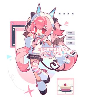 1girl :3 :d asymmetrical_legwear bandaid bandaid_on_leg black_shoes black_skirt commission double-parted_bangs fang full_body hair_between_eyes hands_up highres long_hair long_sleeves looking_at_viewer maid_headdress meimei_(wakamoid) miniskirt open_mouth original outline pink_hair pink_thighhighs plaid_clothes plaid_skirt pleated_skirt red_eyes shirt shoes single_thighhigh skirt smile socks solo standing striped_clothes striped_thighhighs thigh_strap thighhighs uneven_legwear watermark white_background white_outline white_shirt white_socks window_(computing)