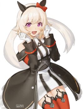 Rule 34 | 1girl, animal ears, bare shoulders, black hairband, blush, bow, breasts, coat, commentary, curren chan (fille eclair) (umamusume), curren chan (umamusume), dress, ear bow, ear covers, english commentary, fikkyun, gloves, grey hair, hairband, highres, horse ears, horse girl, horse tail, long sleeves, looking at viewer, medium breasts, off-shoulder coat, off-shoulder dress, off-shoulder jacket, off shoulder, open mouth, purple eyes, red bow, red thighhighs, short hair, simple background, smile, solo, striped clothes, striped dress, tail, thighhighs, umamusume, vertical-striped clothes, vertical-striped dress, white background, white gloves