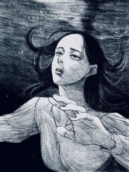 1girl black_background black_hair black_nails highres in_water long_hair long_sleeves looking_up original shirt solo submerged tp_p_pt water white_shirt