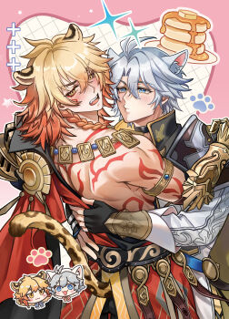 Rule 34 | 2boys, absurdres, animal ear fluff, animal ears, antenna hair, arm tattoo, armlet, armor, black choker, black coat, black gloves, black shirt, blonde hair, blue eyes, blush, braid, chest tattoo, choker, clawed gauntlets, coat, commentary request, earrings, facial tattoo, fingerless gloves, flustered, gloves, gold earrings, gold necklace, gradient hair, hand on another's shoulder, hands on another's back, highres, honkai: star rail, honkai (series), jewelry, leopard boy, leopard ears, leopard tail, male focus, medium hair, moko (tpss93054), multicolored hair, multiple boys, mydei (honkai: star rail), necklace, open clothes, open coat, parted bangs, pauldrons, phainon (honkai: star rail), red hair, red tattoo, shirt, short hair, shoulder armor, side braid, single pauldron, tail, tattoo, white coat, white hair, wolf boy, wolf ears, yaoi, yellow eyes