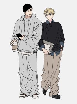 2boys albert_brudzewski_(chi.) aze_earth baggy_pants black_hair black_shirt blonde_hair book chi.:_chikyuu_no_undou_ni_tsuite collared_shirt cup disposable_coffee_cup disposable_cup full_body grey_background grey_hoodie grey_pants grey_shirt hair_between_eyes hand_in_pocket holding holding_book holding_cup holding_phone hood hood_down hoodie looking_at_another male_focus multiple_boys pants parted_bangs parted_lips phone rafal_(fire_emblem) shirt shirt_under_shirt shoes sneakers watch wristwatch