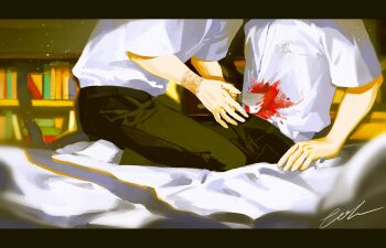 absurdres belt black_belt black_pants blood blood_on_clothes collared_shirt eohme head_out_of_frame highres hikaru_ga_shinda_natsu indou_hikaru knife letterboxed pants pocket shirt signature sitting stab tsujinaka_yoshiki white_shirt