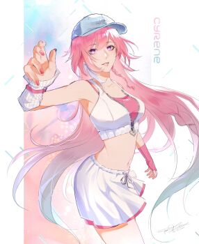 Rule 34 | 1girl, aqua hair, armor, blue hat, breasts, character name, commentary, crop top, cyrene (anta) (honkai: star rail), cyrene (demiurge) (honkai: star rail), cyrene (honkai: star rail), diamond-shaped pupils, diamond (shape), gradient background, hat, highres, honkai: star rail, honkai (series), keitofu2 0, large breasts, long hair, looking at viewer, midriff, multicolored hair, navel, official alternate costume, pink hair, purple eyes, skirt, solo, symbol-shaped pupils, thighs, untranslatable commentary, very long hair, white armor, white hair, white skirt