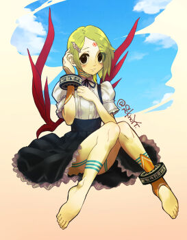 1girl absurdres anklet artist_request barefoot breath_of_fire breath_of_fire_v brown_eyes closed_mouth dress facial_mark full-body_tattoo full_body green_hair hair_over_one_eye highres jewelry looking_at_viewer nina_(breath_of_fire_v) red_wings short_hair solo tattoo wings