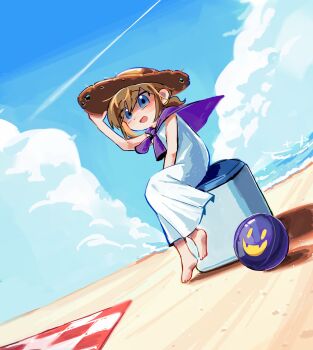 1girl :d a_hat_in_time alternate_costume ball barefoot beach blanket blue_eyes blue_sky brown_hair brown_hat child cloud commentary day dot_nose dress fangs full_body gompang1125 hair_tie hand_on_headwear hand_on_lap hashtag-only_commentary hat hat_kid highres looking_at_viewer medium_hair ocean open_mouth outdoors picnic_blanket plaid_blanket ponytail purple_shirt sand shirt shirt_on_shoulders sidelocks sitting skin_fangs sky smile snatcher_(a_hat_in_time) solo sun_hat sundress toes white_dress
