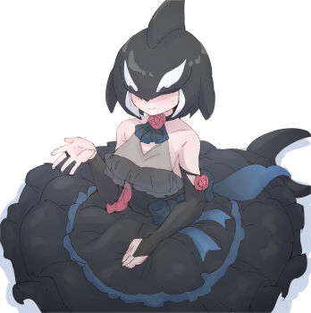 1girl alternate_costume bare_shoulders black_bridal_gauntlets black_dress black_hair blowhole blue_dress blush bridal_gauntlets cetacean_tail dorsal_fin dress fins fish_tail flower frilled_dress frills hair_over_eyes head_fins highres kemono_friends long_dress lowlandgorilla multicolored_hair neck_flower orca_(kemono_friends) rose short_hair sitting sleeveless smile solo tail two-tone_dress two-tone_hair whale_girl white_hair